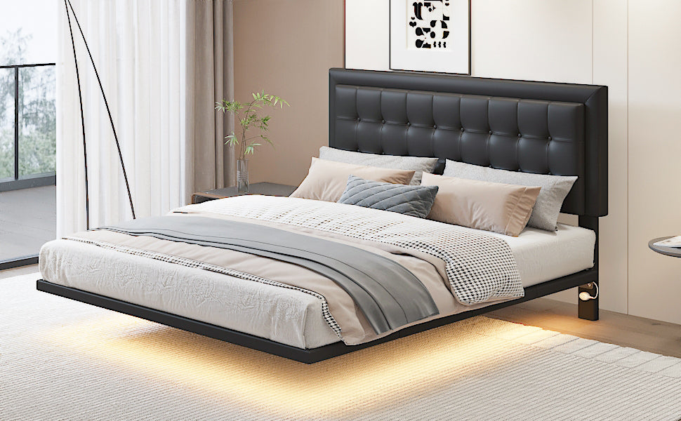 Queen Size Floating Bed Frame with Motion Activated Night Lights,Modern PU Upholstered Button Tufted Platform Bed Frame,Black - Atlantic Fine Furniture Melbourne FL