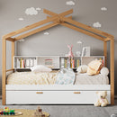 Wooden House Bed Original Wood Colored Frame With Bookshelf Storage Space