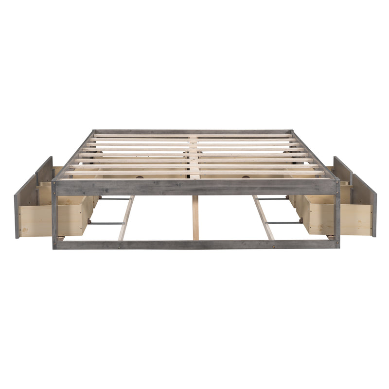 Queen Size Platform Bed with 6 Storage Drawers,Antique Gray