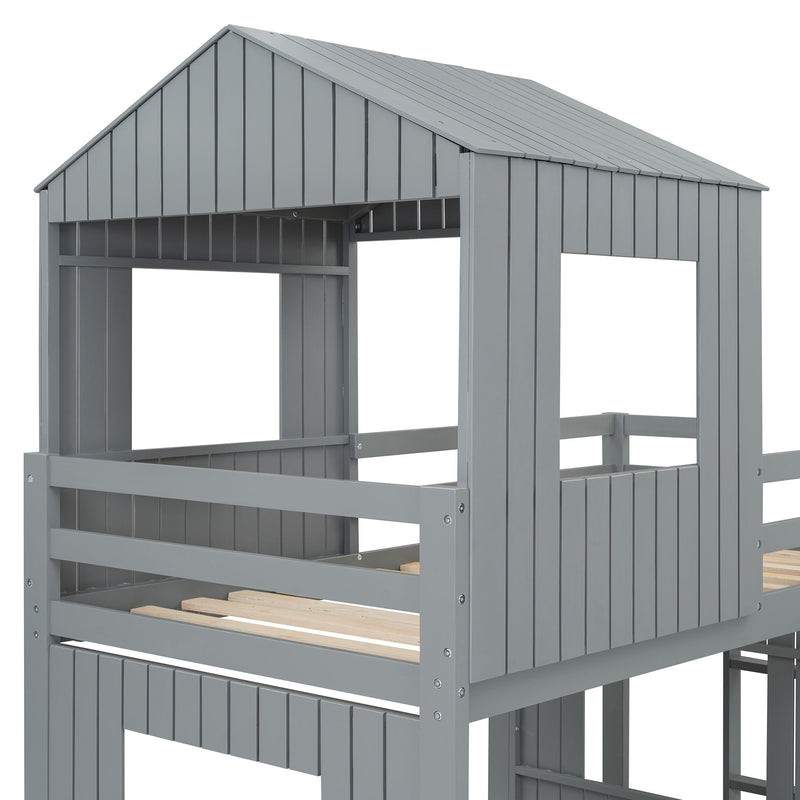 Loft Bunk Bed With Playhouse, Farmhouse, Ladder, Slide And Guardrails