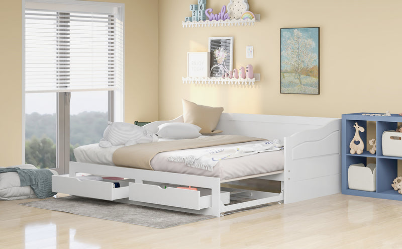 Wooden Daybed with Trundle Bed and Two Storage Drawers , Extendable Bed Daybed,Sofa Bed with Two Drawers, White