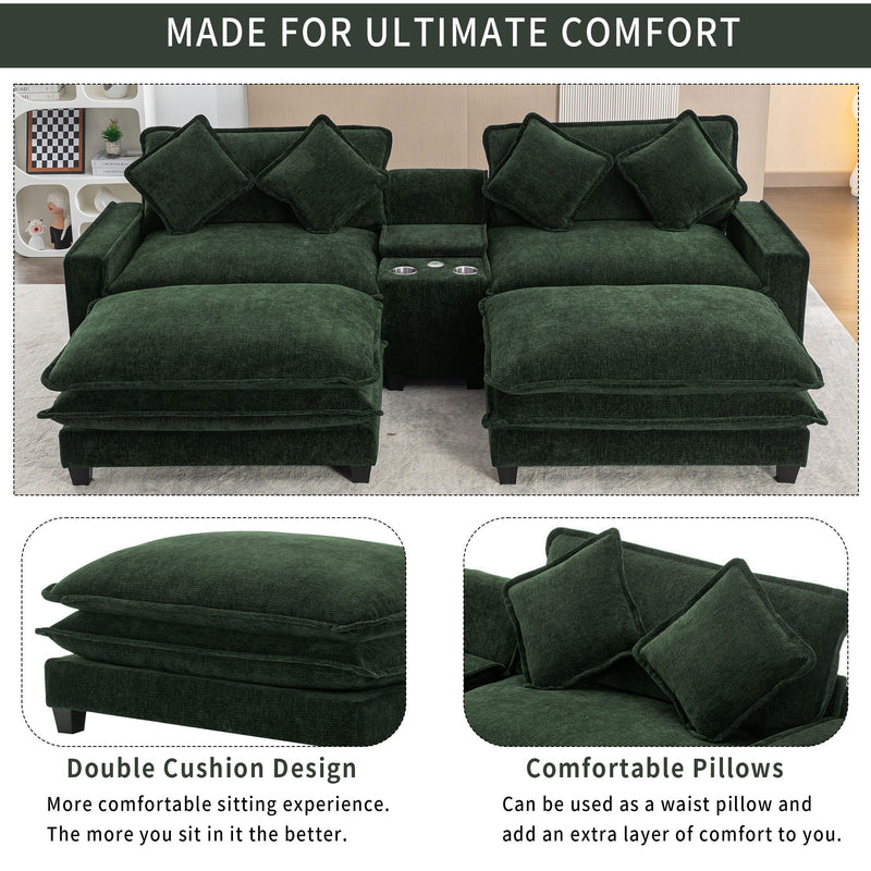 Sectional Sofa Chenille Upholstered Sofa With Two Removable Ottoman, Two USB Ports, Two Cup Holders And Large Storage Box For Living Room