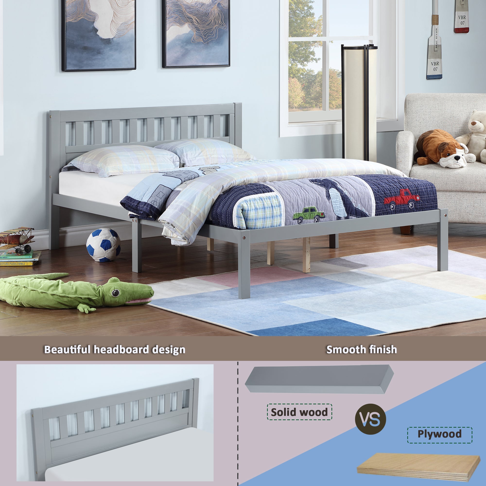 Full Size Bed, Wood Platform Bed Frame with Headboard For Kids, Slatted, Gray - Atlantic Fine Furniture Melbourne FL