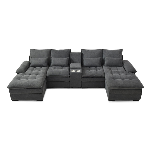 Contemporary U Shaped Sofa With Console And Cupholders