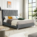 B108 Full bed Beautiful line stripe cushion headboard , strong wooden slats + metal support feet, Gray Flannelette