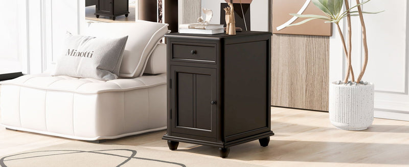 End Table With Solid Wood Legs, Side Table With USB Ports, 1 Storage Cabinet And 1 Drawer For Living Room