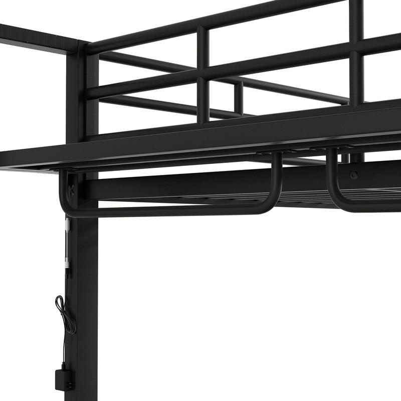 Bunk Bed With Storage Mesh Shelves, Clothes Hooks, LED Light