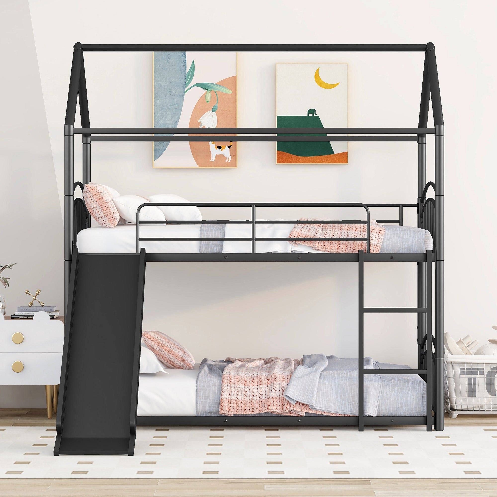 Twin Over Twin Metal Bunk Bed With Slide,Kids House Bed Black - Atlantic Fine Furniture Melbourne FL