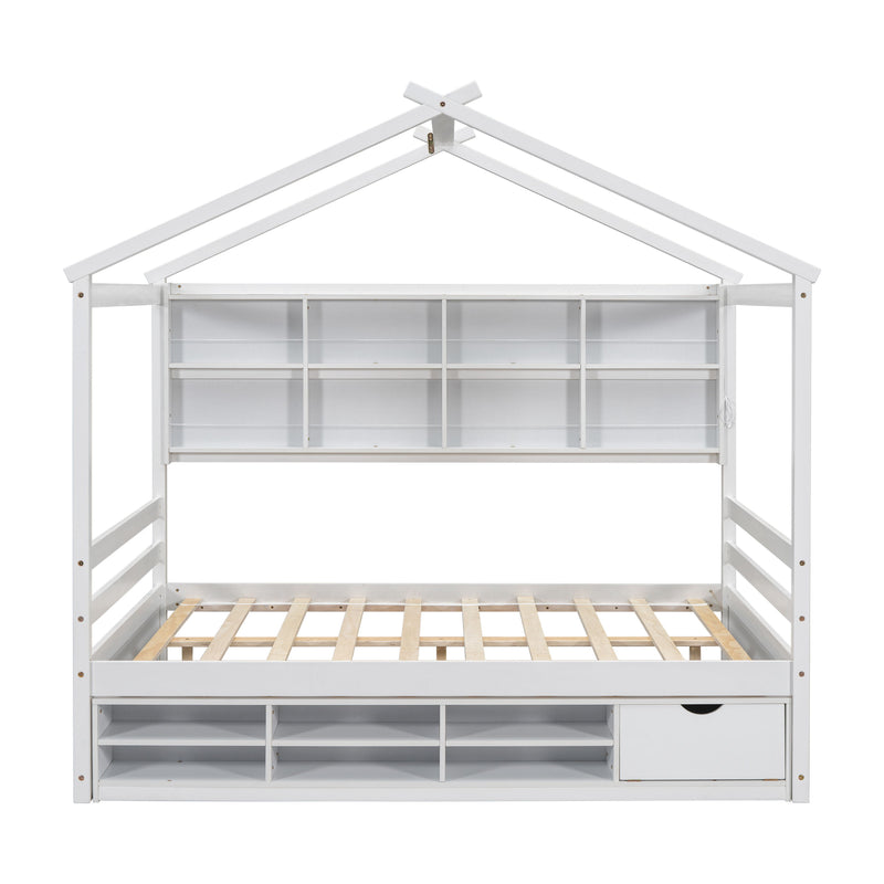 House Bed With Roof Frame, Bedside-Shelves, Under Bed Storage Unit