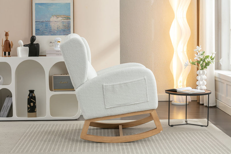 Teddy Fabric Rocking Chair With Packet Wood Legs - Ivory