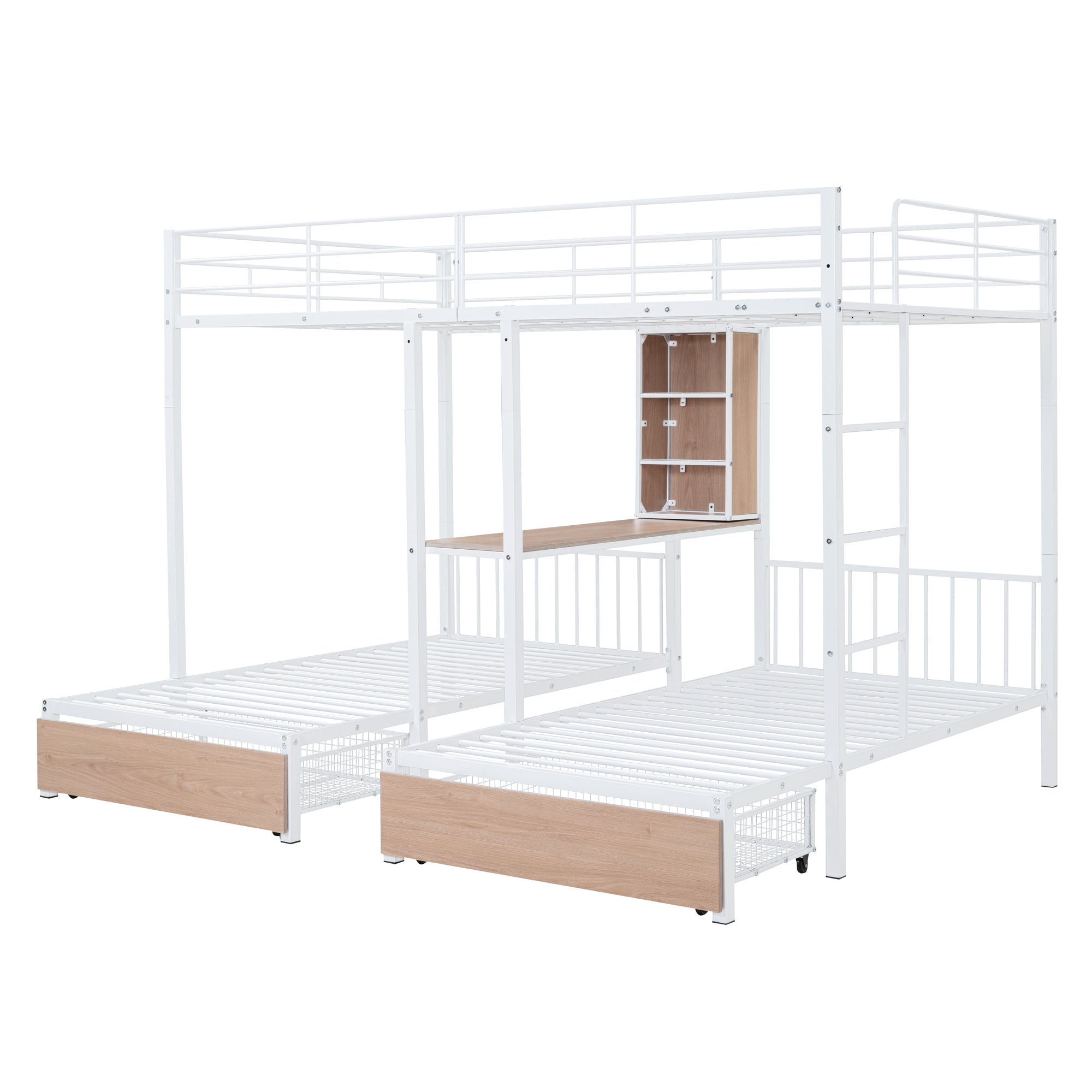 Full Over Twin & Twin Triple Bunk Bed with Drawers, Multi-functional Metal Frame Bed with desks and shelves in the middle, White - Atlantic Fine Furniture Melbourne FL