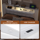 Queen Size Tufted Upholstered Platform Bed  with Storage Headboard and Hydraulic Storage System, Modern PU Storage Bed with Motion Activated Night Lights and USB Charger,White