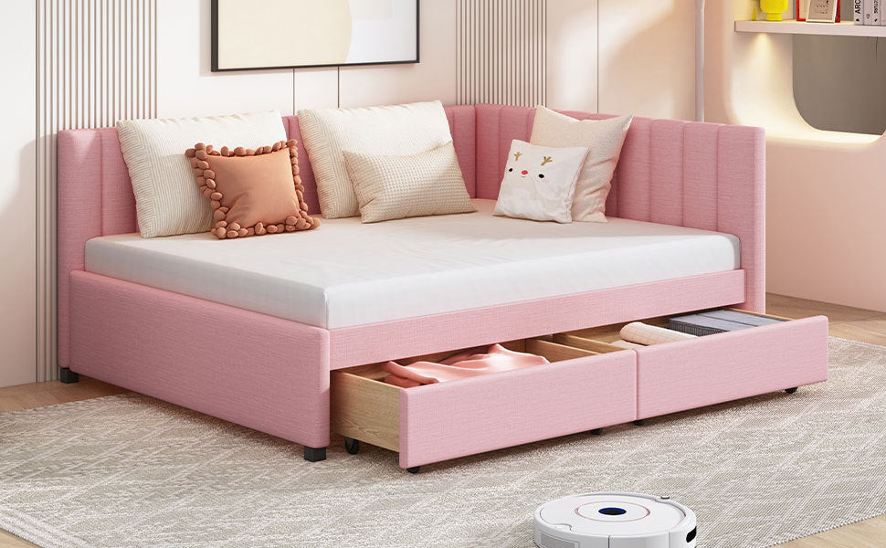 Full Size Upholstered Daybed with 2 Storage Drawers Sofa Bed Frame No Box Spring Needed, Linen Fabric (Pink) - Atlantic Fine Furniture Melbourne FL