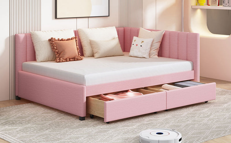 Full Size Upholstered Daybed with 2 Storage Drawers Sofa Bed Frame No Box Spring Needed, Linen Fabric (Pink)