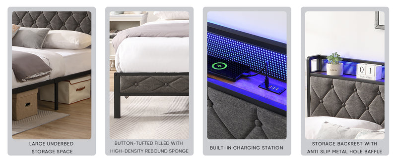 King Bed Frame with Storage Headboard, Charging Station and LED Lights, Upholstered Platform Bed with Heavy Metal Slats, No Box Spring Needed, Noise Free, Easy Assembly, Dark Gray