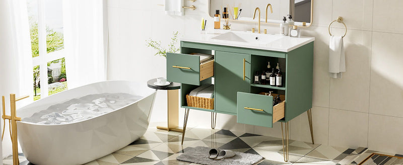 Bathroom Vanity With Resin Sink Combo Set, Modern Freestanding Single Bathroom Cabinet With 2 Drawers & 2 Storage Compartments, Storage Cabinet For Bathroom, Frame Vanity Set - Green