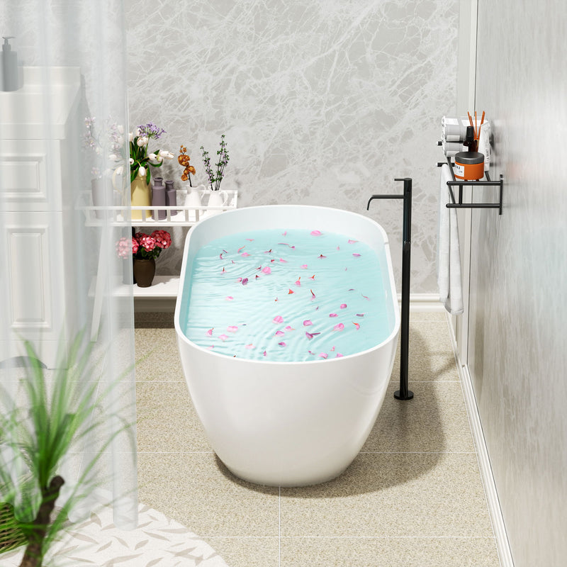 59" Freestanding Solid Surface Bathtub, Luxury Man-Made Stone Resin Freestanding Soaking Bathtub With Overflow And Pop-Up Drain For Contemporary Bathroom 22S03-59Gw - Glossy White