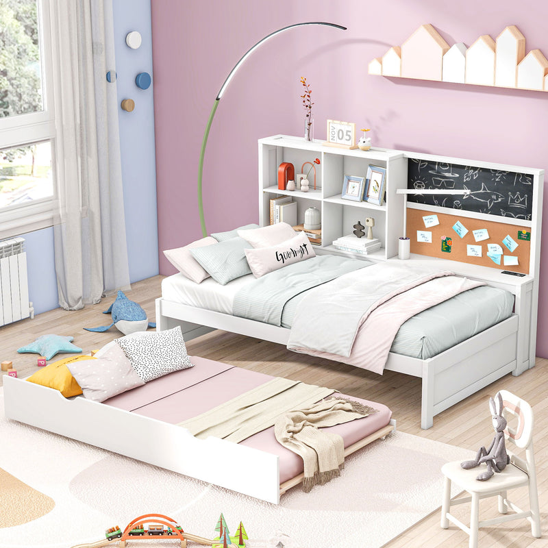 Twin Size Daybed With Storage Shelvesboard, Cork Board, USB Ports And Trundle - White
