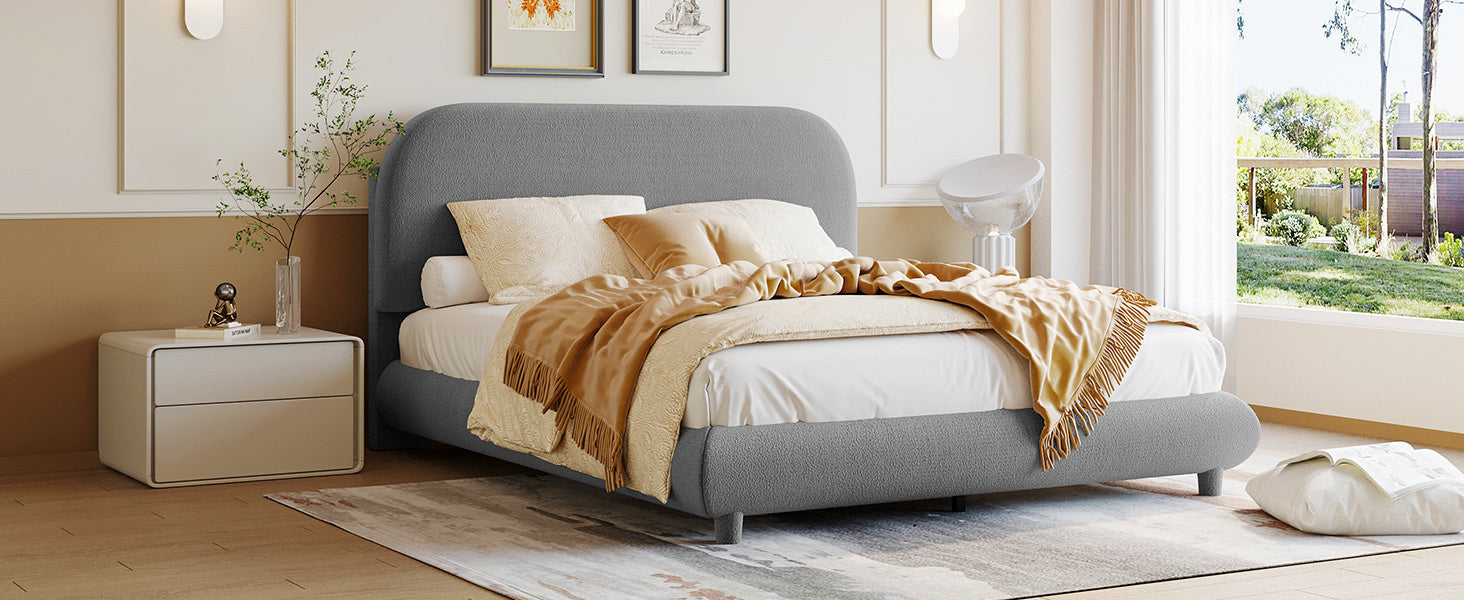 Teddy Fleece Full Size Upholstered Platform Bed with Thick Fabric, Solid Frame and Stylish Curve-shaped Design, Gray - Atlantic Fine Furniture Melbourne FL