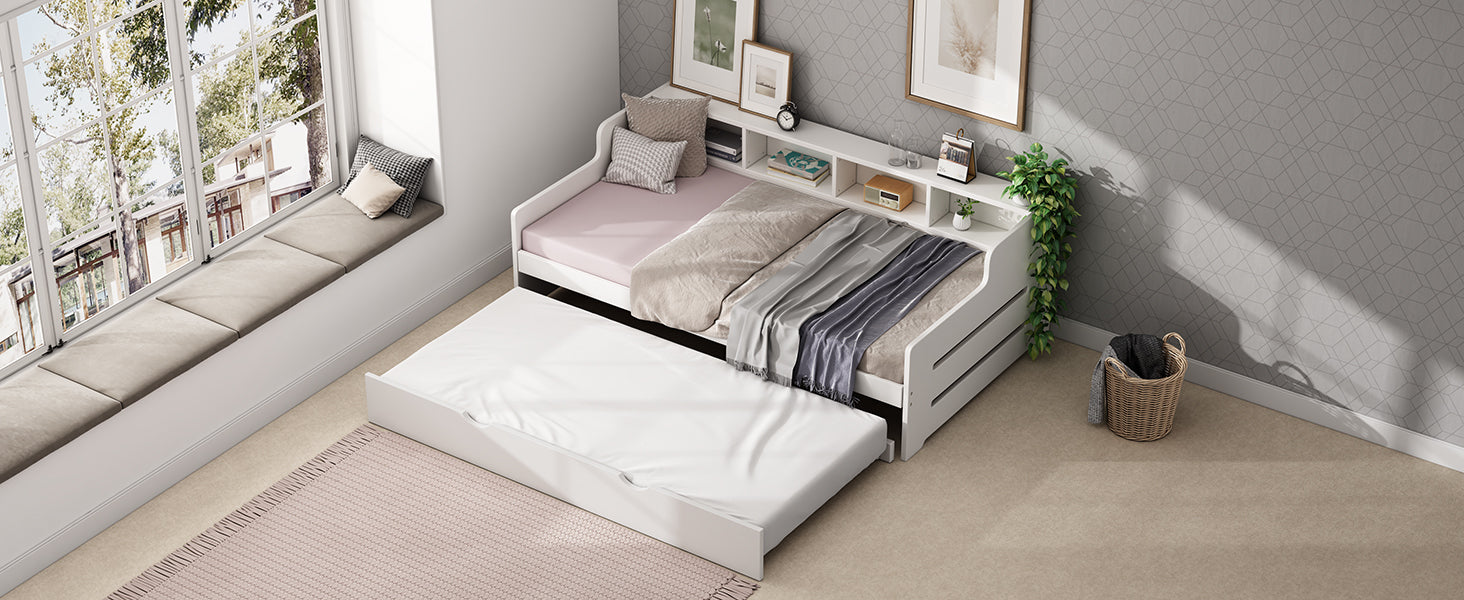 Twin Size Wooden Day Bed with Trundle for Guest Room, Small Bedroom, Study Room, White - Atlantic Fine Furniture Melbourne FL
