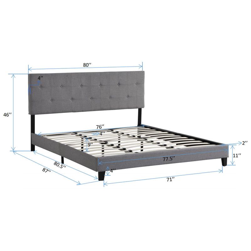 King Size Upholstered Platform Bed Frame With Button Tufted Linen Fabric Headboard, No Box Spring Needed, Wood Slat Support