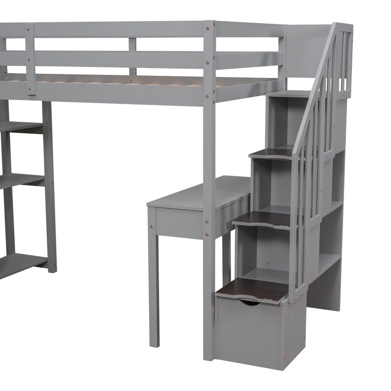 Twin size Loft Bed with Storage Drawers ,Desk and Stairs, Wooden Loft Bed with Shelves - Gray