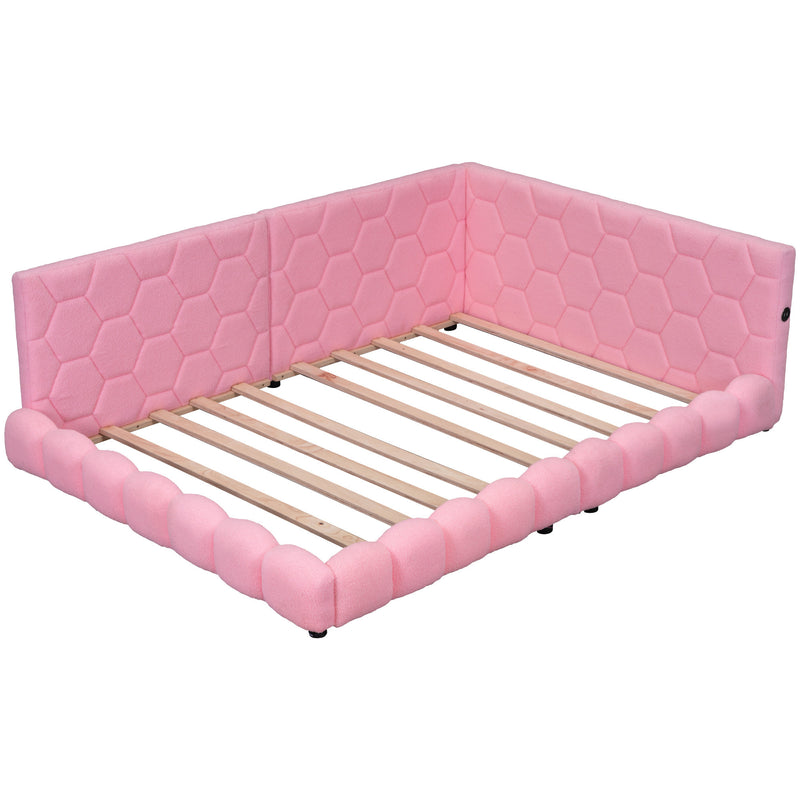 Upholstered Full Size platform bed with USB Ports and LED belt, Pink