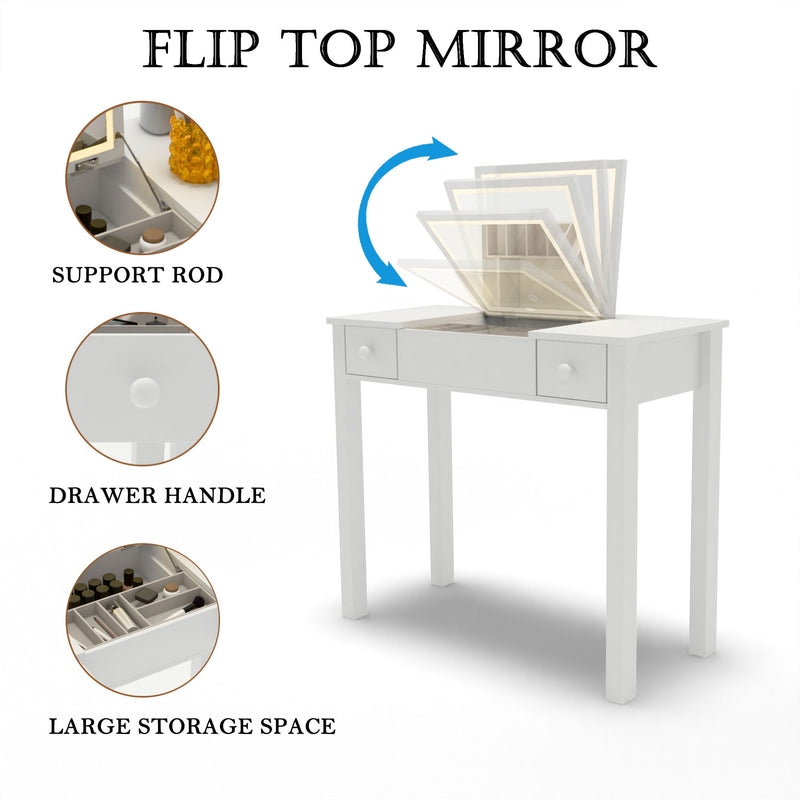 Vanity Table With LED Lights, Flip-Top Mirror And 2 Drawers, Jewelry Storage