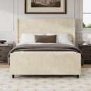 Corduroy Upholstered Bed Frame With Vertical Stripe Wingback And High Footboard