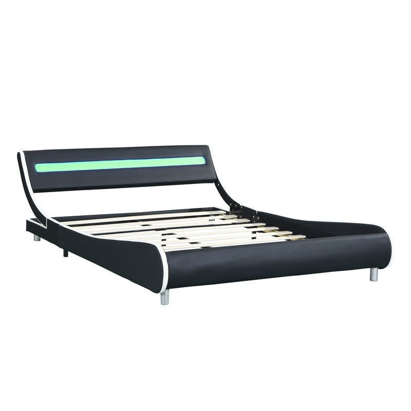 Faux Leather Upholstered Platform Bed Frame with led lighting , Curve Design, Wood Slat Support, No Box Spring Needed, Easy Assemble, Queen Size, Black and White