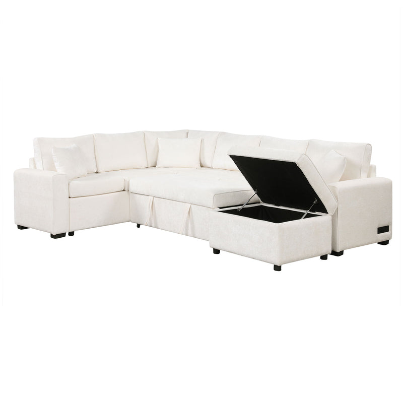 Sectional Sofa Pull-Out Sofa Bed Sleeper With A Storage Ottoman, Three Pillows And Charging Devices For Living Room