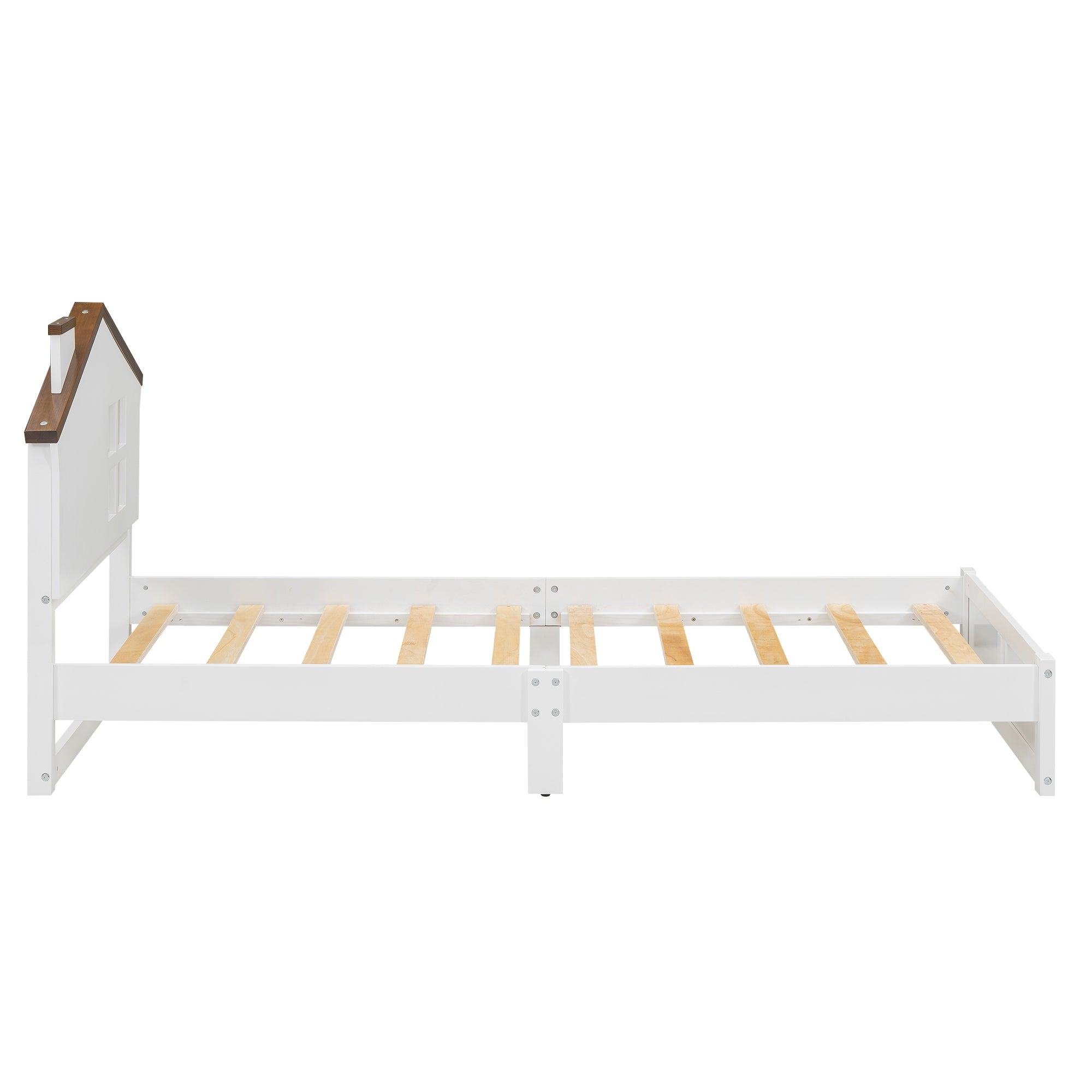 Twin Size Wood Platform Bed with House-shaped Headboard and Built-in LED, Walnut+White - Atlantic Fine Furniture Melbourne FL