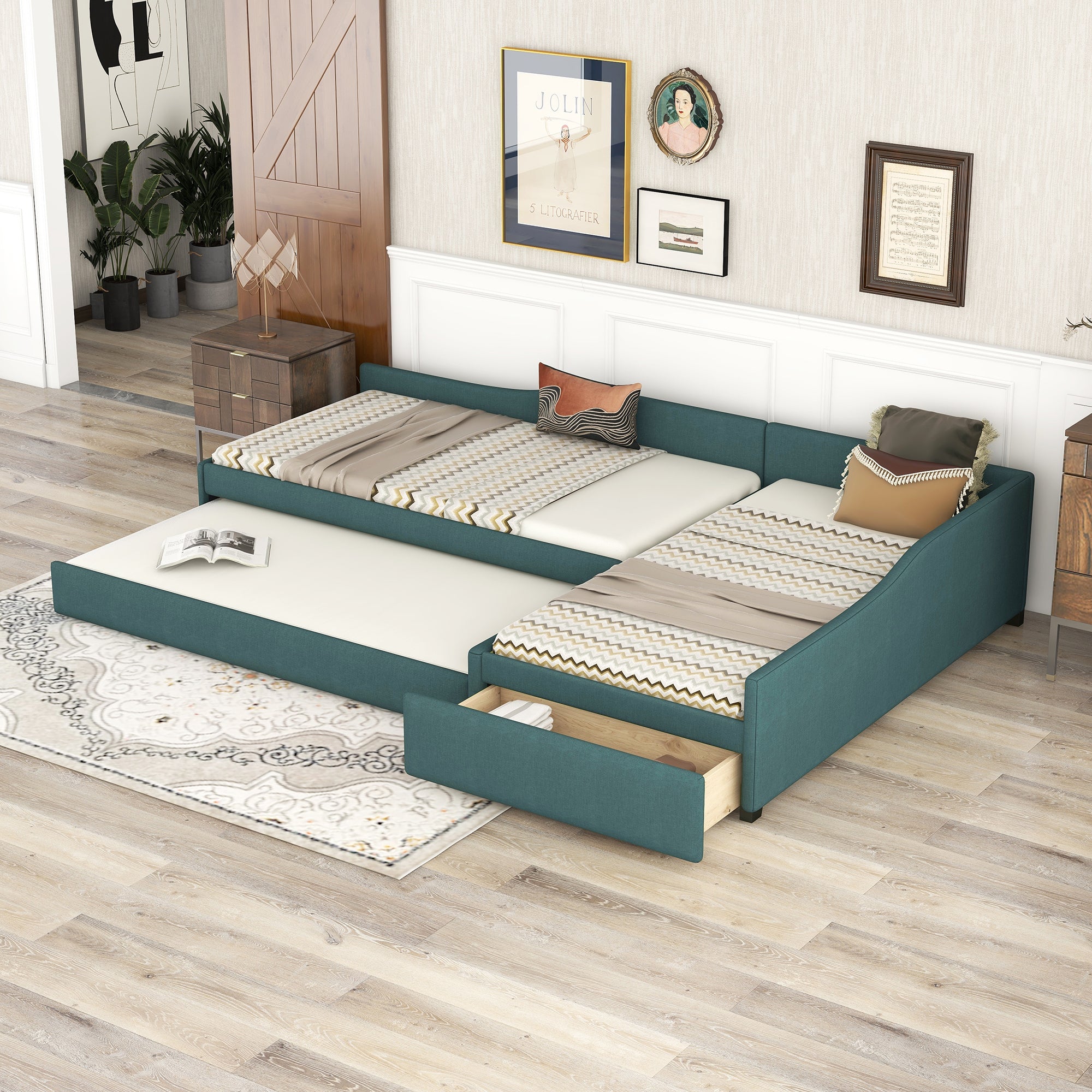 Upholstered Double Twin Size Daybed with Trundle and Drawer, Green - Atlantic Fine Furniture Melbourne FL