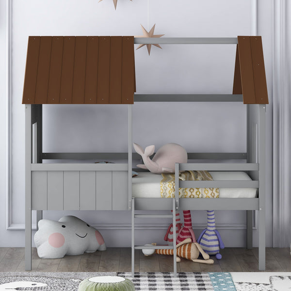 Twin Size Low Loft House Bed With Two Side Windows - Gray / Brown