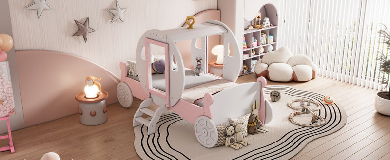 Princess Carriage Bed With Crown, Platform Car Bed With Stair