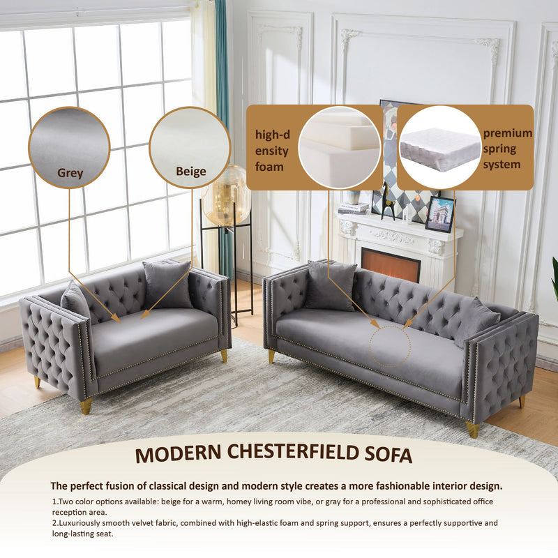 3 Seater Deep Seat Sofa, Sofa With Button Nailhead, Square Arm Couches, Furniture For Living Room - Gray