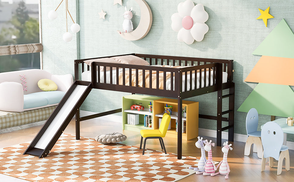 Full Size Low Loft Bed with Ladder and Slide,Espresso - Atlantic Fine Furniture Melbourne FL