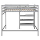 Full Size Loft Bed with Built-in Storage Staircase and Hanger for Clothes, Gray