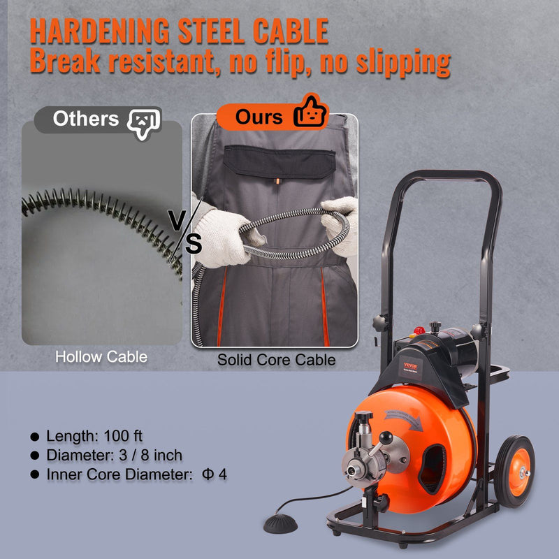 Drain Cleaning Machine 100Ft X 3/8" Auto Feed Sewer Snake - Orange