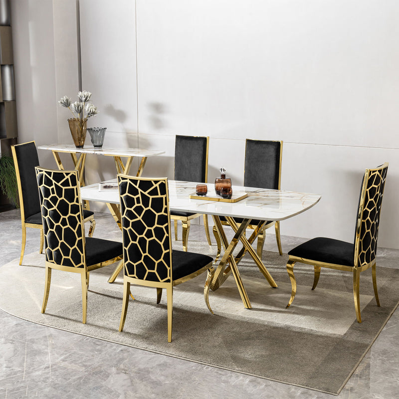 Marble Pattern Dining Table With Stainless Steel Base, Rectangular, Seats 6 Or 8 - Gold