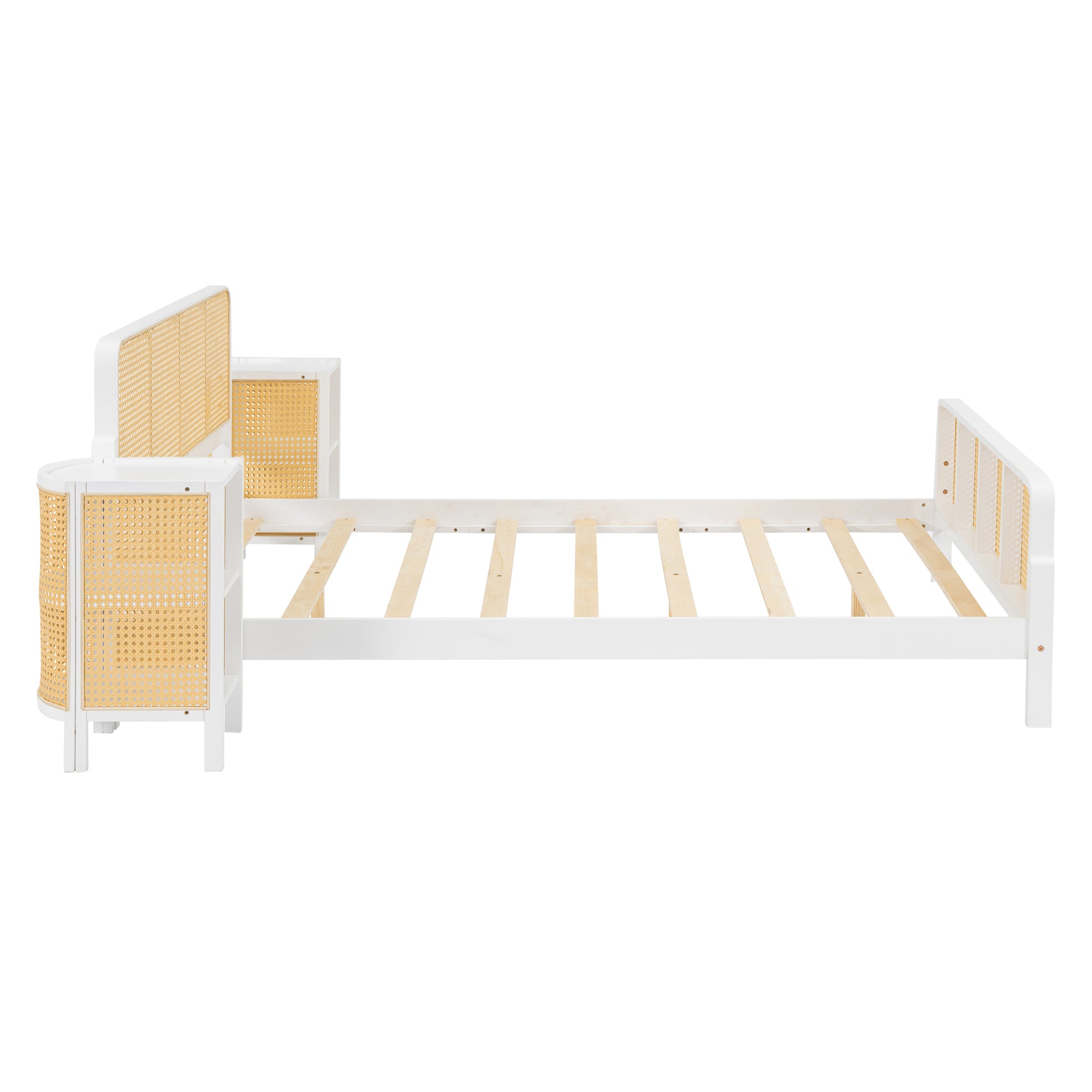 3 Pieces Rattan Platform Full Size Bed With 2 Nightstands,White - Atlantic Fine Furniture Melbourne FL