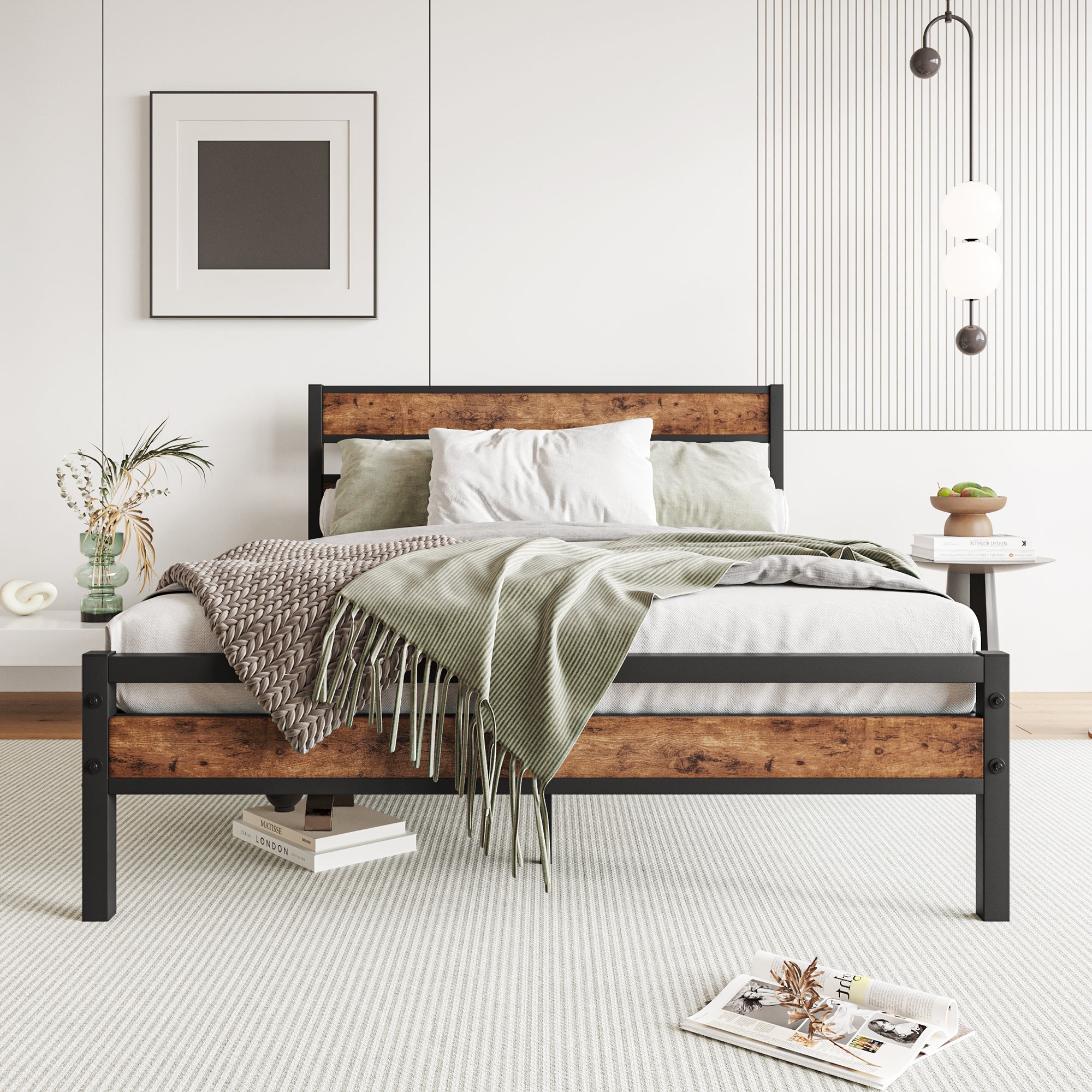 Full Size Platform Bed Frame with Rustic Vintage Wood Headboard, Strong Metal Slats Support, No Box Spring Needed - Atlantic Fine Furniture Melbourne FL