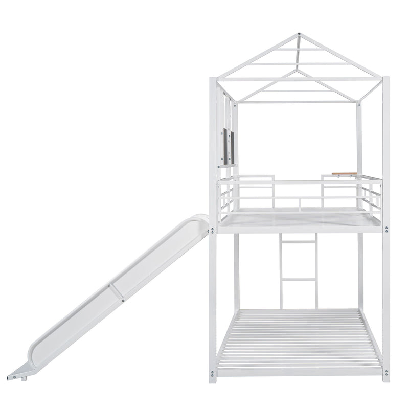 Twin Over Twin Metal Bunk Bed, Metal Housebed With Slide, Three Colors Available