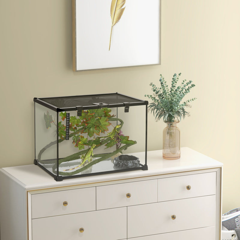 Pawhut - 14 Gallon Reptile Glass Terrarium Tank With Decor Kit Breeding Box Full View With Visually Appealing Sliding Screen Top For Lizards Frogs Snakes Spiders - Black