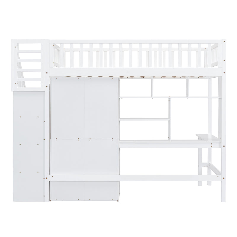 Twin size Loft Bed with Bookshelf,Drawers,Desk,and Wardrobe-White
