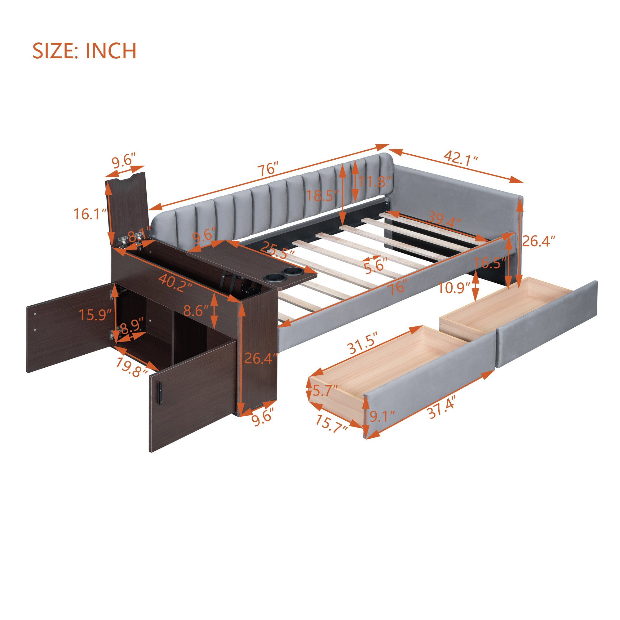 Twin Size Upholstered Daybed with Storage Armrest and 2 Drawers, Multi-functional Daybed with Cup Holder and a set of USB Ports and Sockets, Gray - Atlantic Fine Furniture Melbourne FL