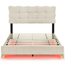 Queen Size Velvet Platform Bed with LED Frame and Stylish Mental Bed Legs, Beige