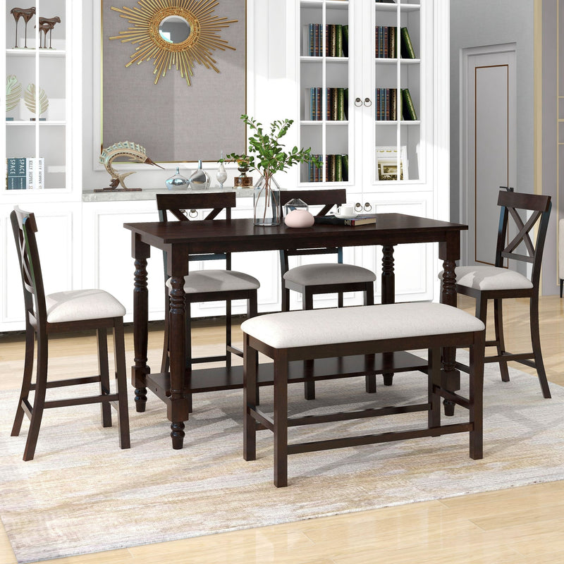 6 Piece Counter Height Dining Table Set With Shelf, 4 Chairs And Bench