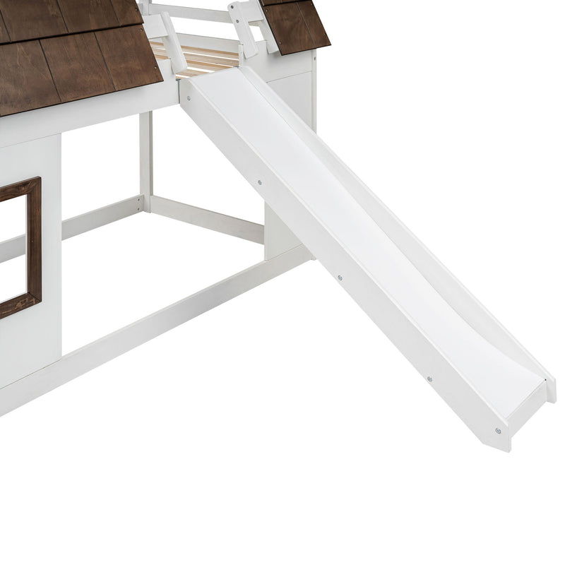 Wood Twin Size House Bunk Bed With Roof, Ladder And Slide - White / Brown