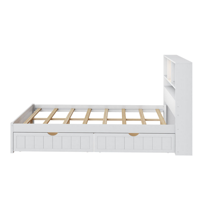 Platform Bed With Bookcase Headboard, Built-In Downlight, Charging Station, And 2 Side Drawers